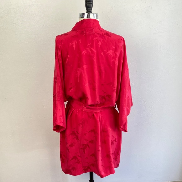 Hot Pink Chinese Peignoir Kimono Short Robe Large Bamboo Leaves Tie Belt Pockets - Picture 7 of 16